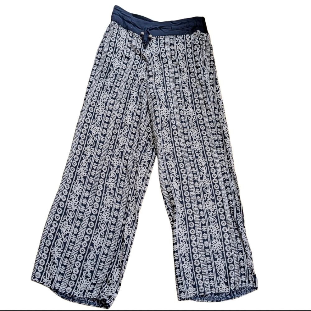 Solitaire Navy Cream Bohemian Tribal Print Wide Leg Straight Pull On Pants